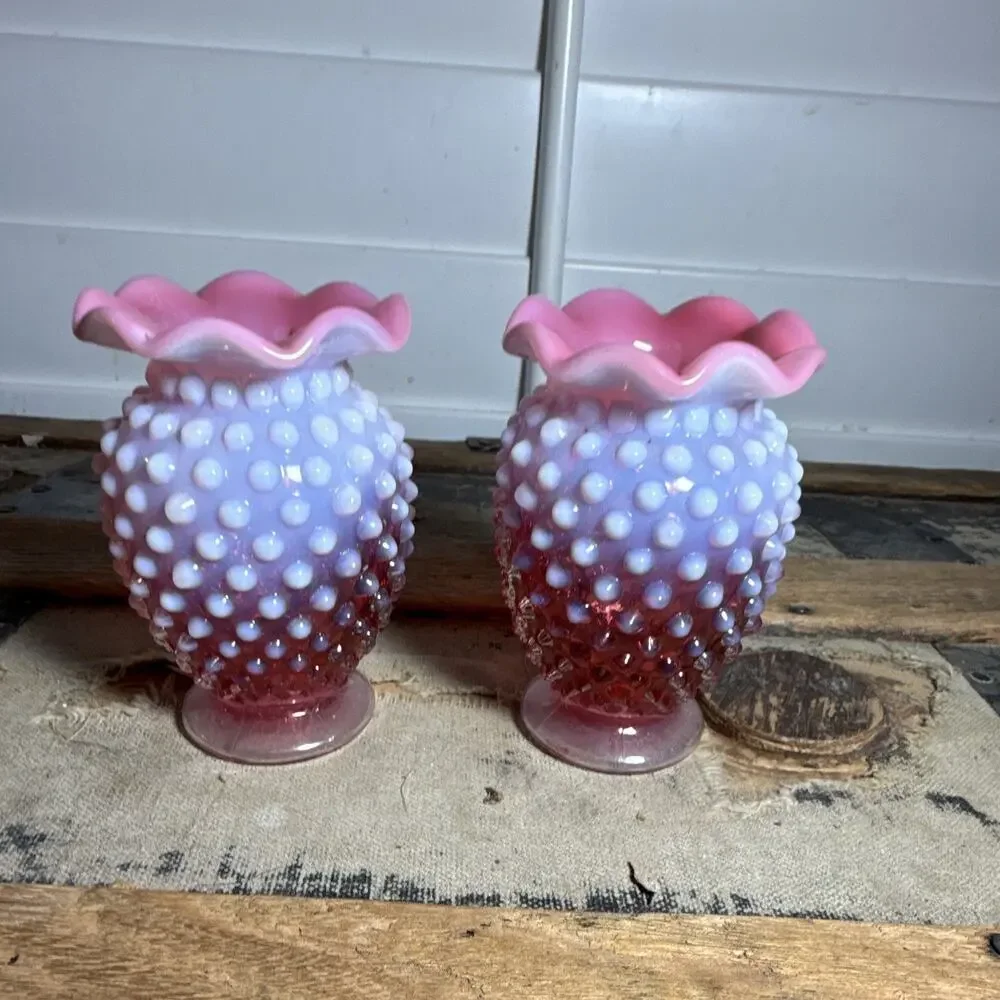 Unmarked Pair of Pink and White Hobnail Pattern Glass Vases, Decorative 3.5”